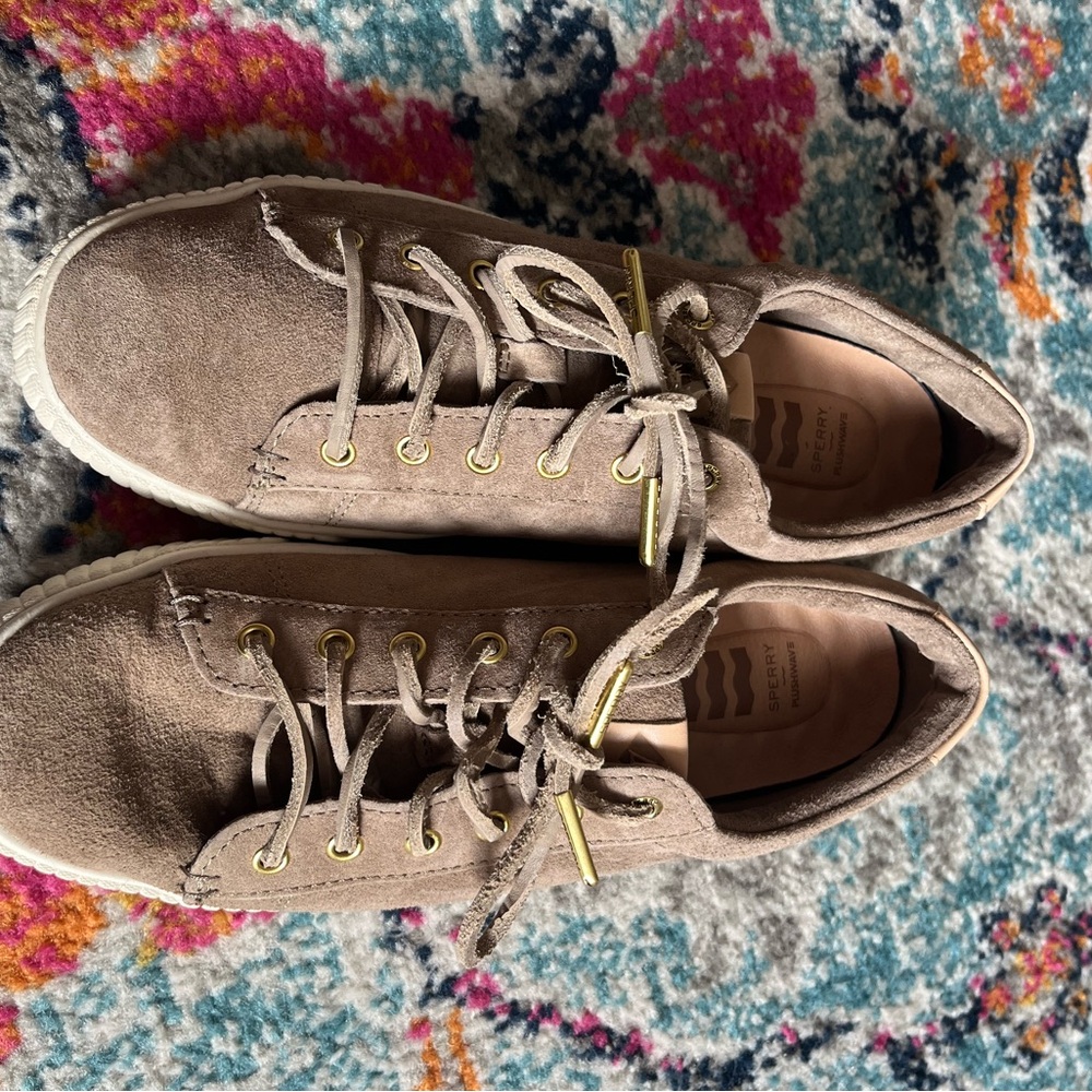 Sperry Taupe Suede Sneakers with Gold Accents